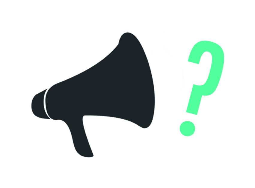 A graphic that shows a megaphone and a question mark, to signify asking a question
